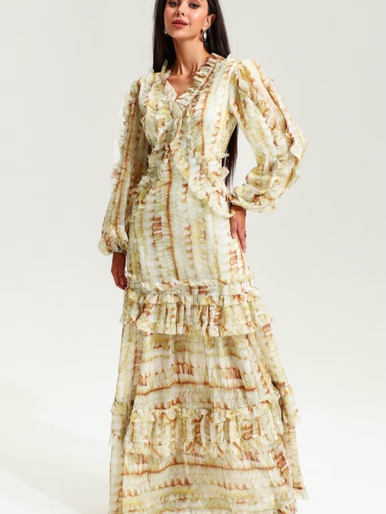 Dresses & Skirts - V-Neck Puff Sleeve Tiered Ruffle Hem Maxi Dress